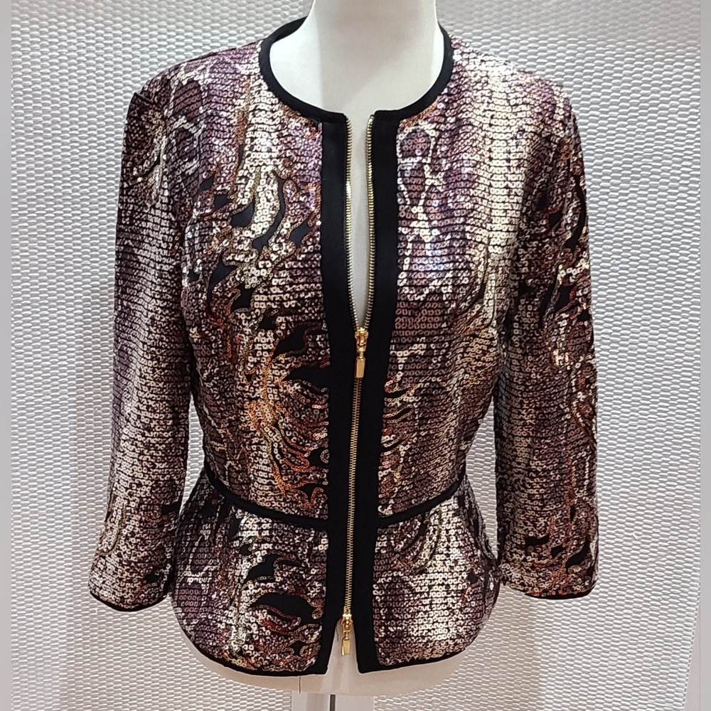 Frank Lyman Animal Print Sequins Zip-Up Jacket Size 8